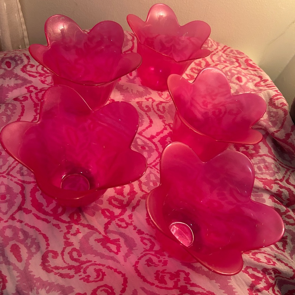 Vintage Mid Century Cranberry Pink Frosted Art Glass Lotus Tulip Bowls Set of 5